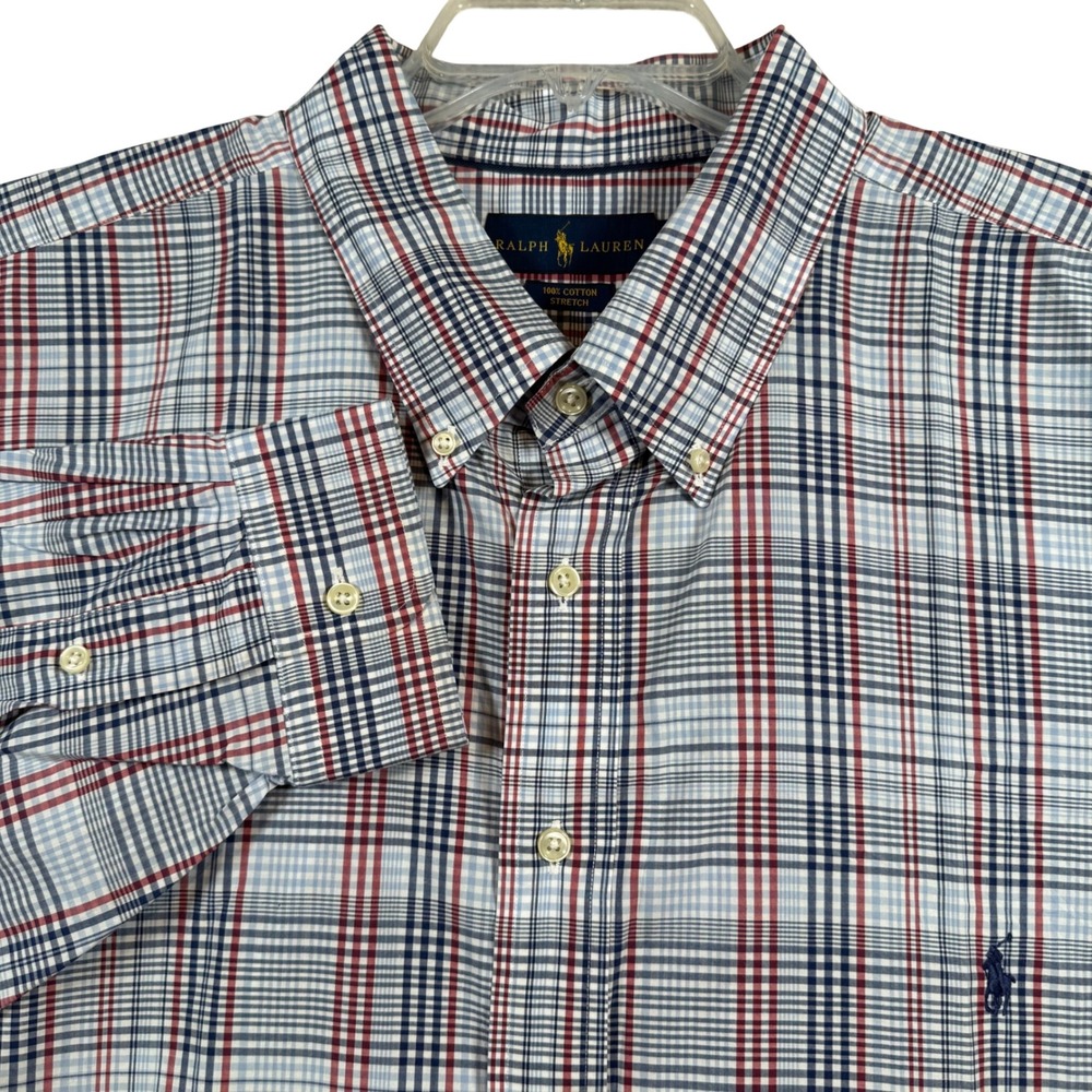 Ralph Lauren Button Down Shirt Mens 3XB Blue Red White Plaid Cotton Stretch